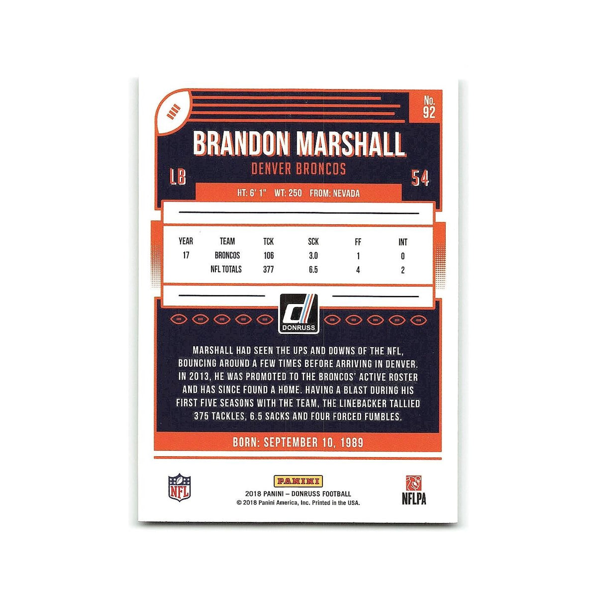 Brandon Marshall 2018 Donruss #92 Denver Broncos Football Card NM