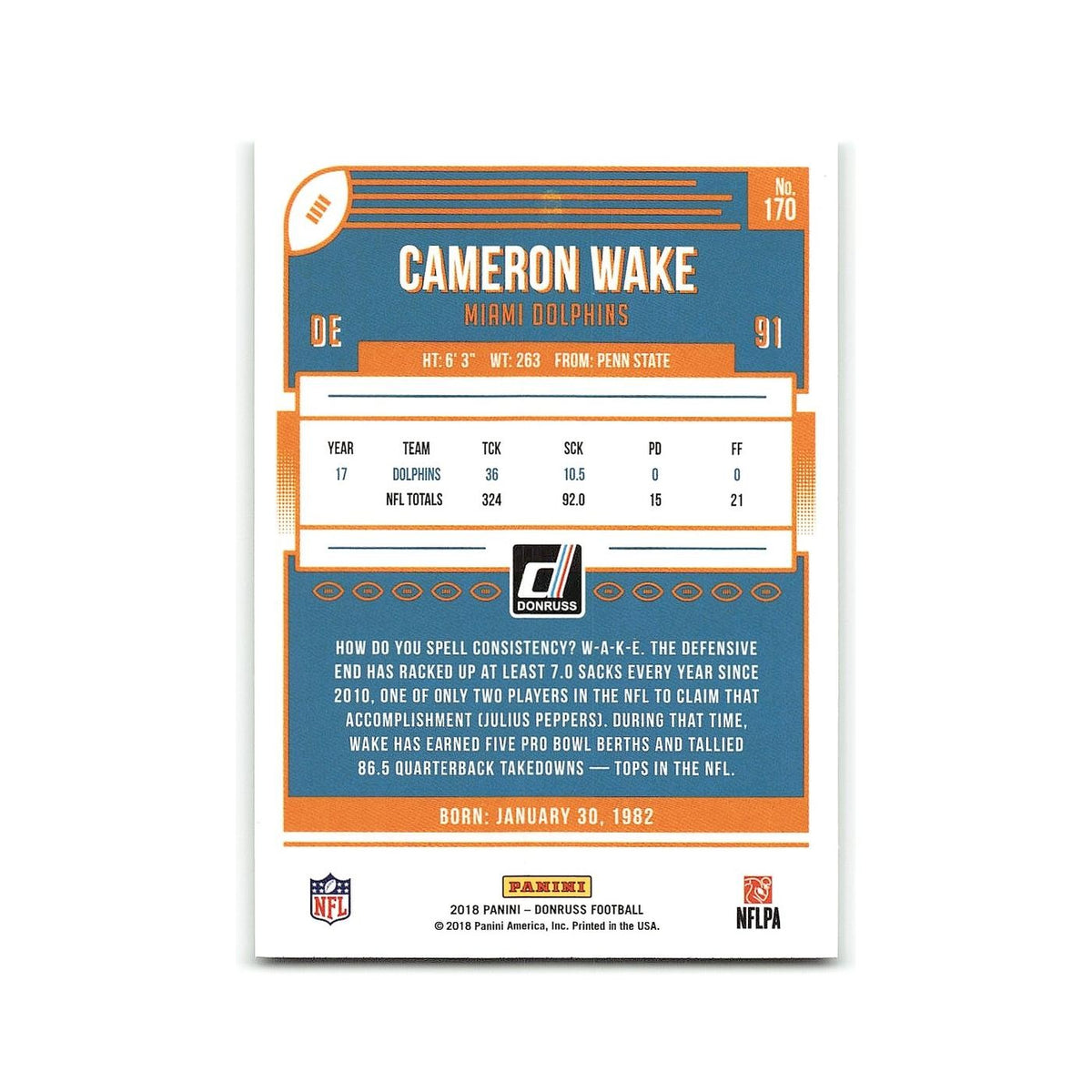 Cameron Wake 2018 Donruss #170 Miami Dolphins Football Card NM