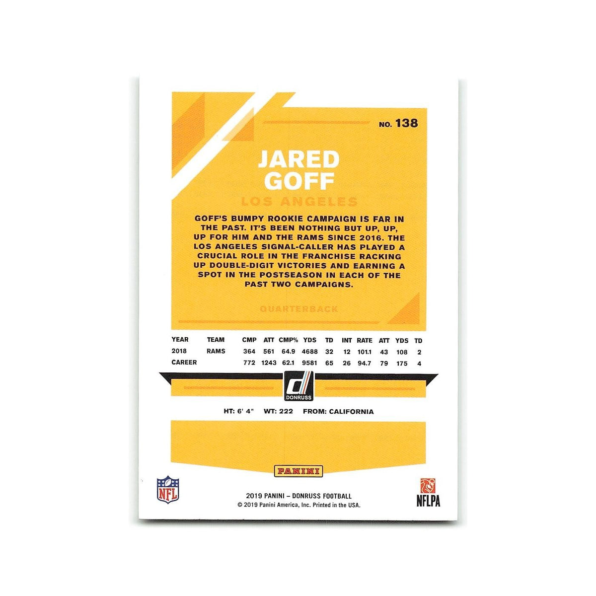 Jared Goff 2019 Donruss #138 Los Angeles Rams Football Card NM