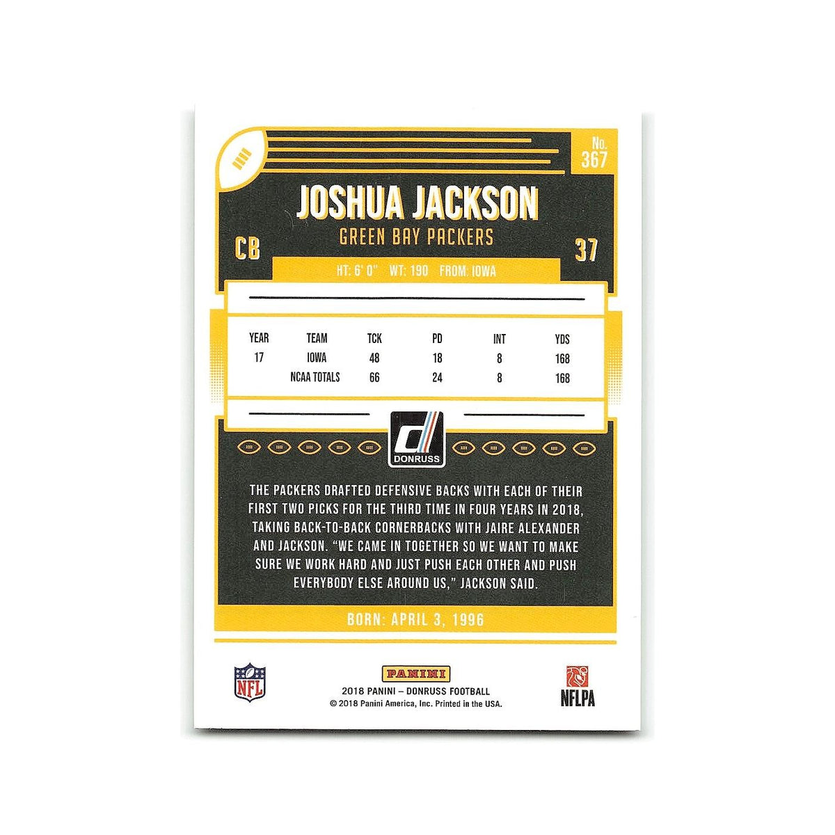 Joshua Jackson Rookie 2018 Donruss #367 Green Bay Packers Football Card NM