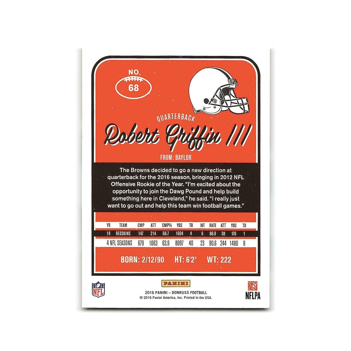 Robert Griffin III 2016 Donruss #68 Cleveland Browns Football Card NM
