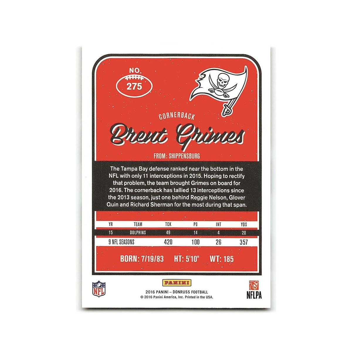 Brent Grimes 2016 Donruss #275 Tampa Bay Buccaneers Football Card NM