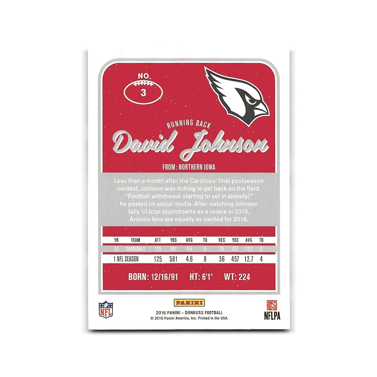 David Johnson 2016 Donruss #3 Arizona Cardinals Football Card NM