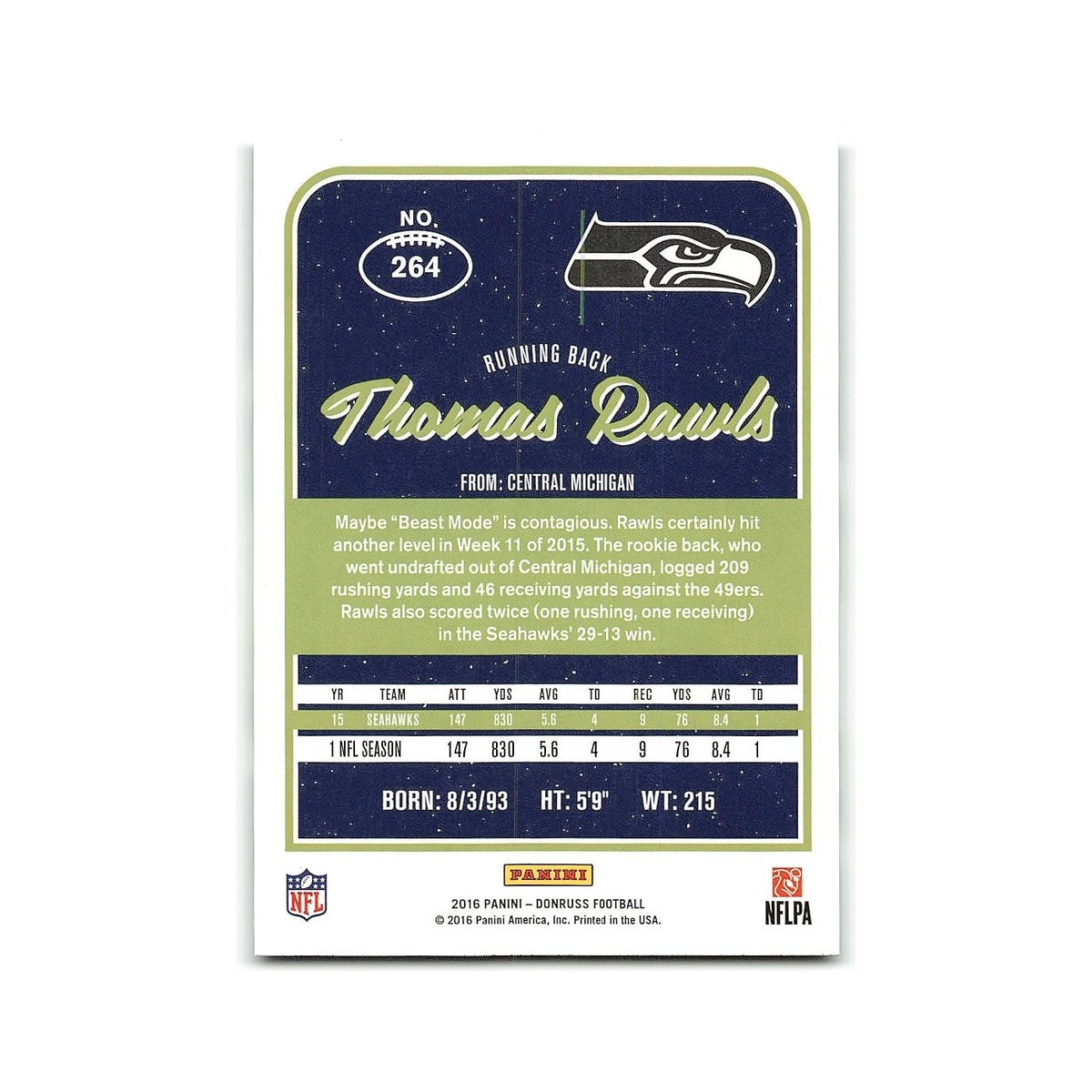 Thomas Rawls 2016 Donruss #264 Seattle Seahawks Football Card NM