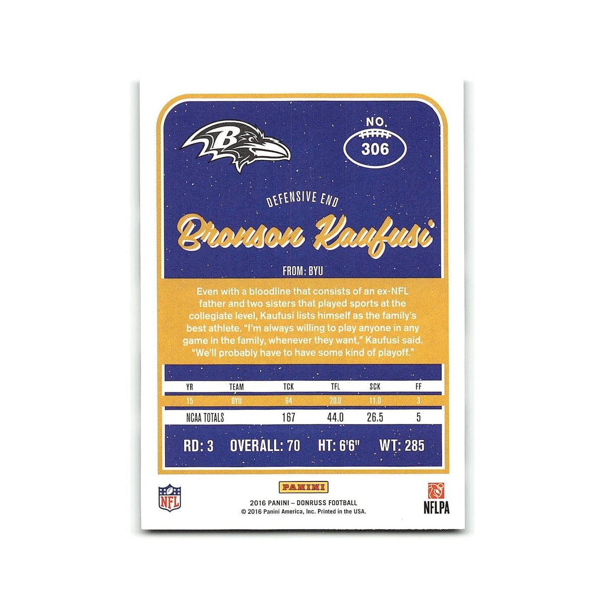 Bronson Kaufusi Rookie 2016 Donruss #306 Baltimore Ravens Football Card NM
