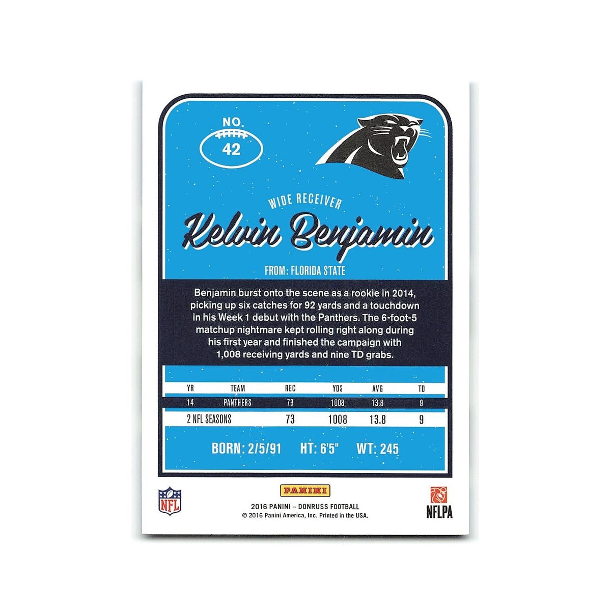 Kelvin Benjamin 2016 Donruss #42 Carolina Panthers Football Card NM