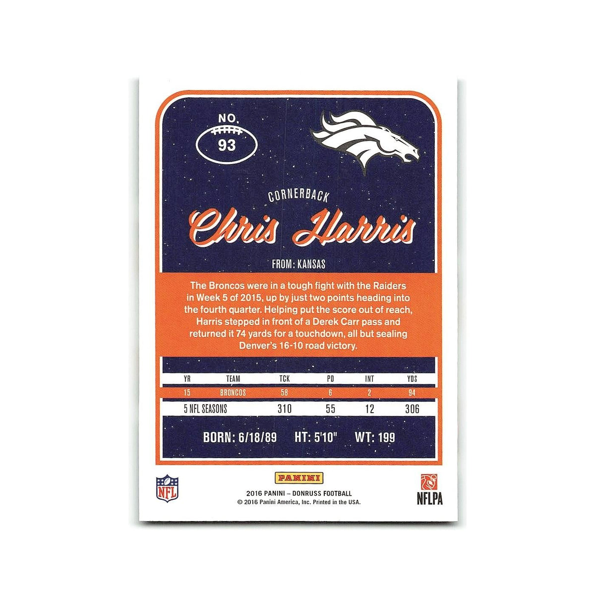 Chris Harris 2016 Donruss #93 Denver Broncos Football Card NM