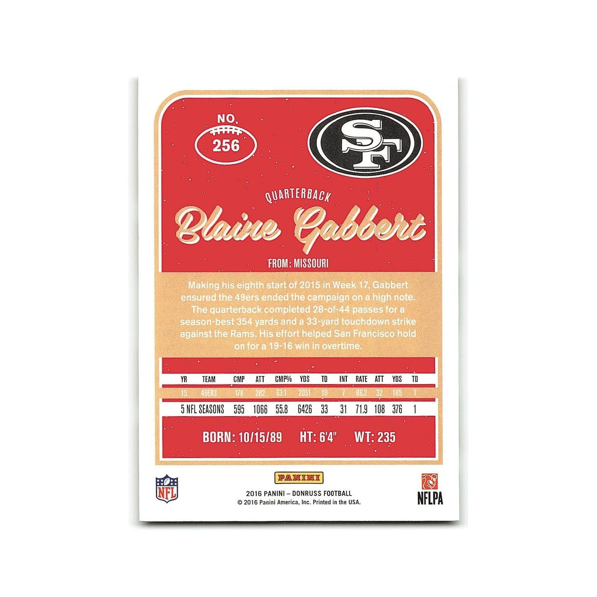 Blaine Gabbert 2016 Donruss #256 San Francisco 49ers Football Card NM