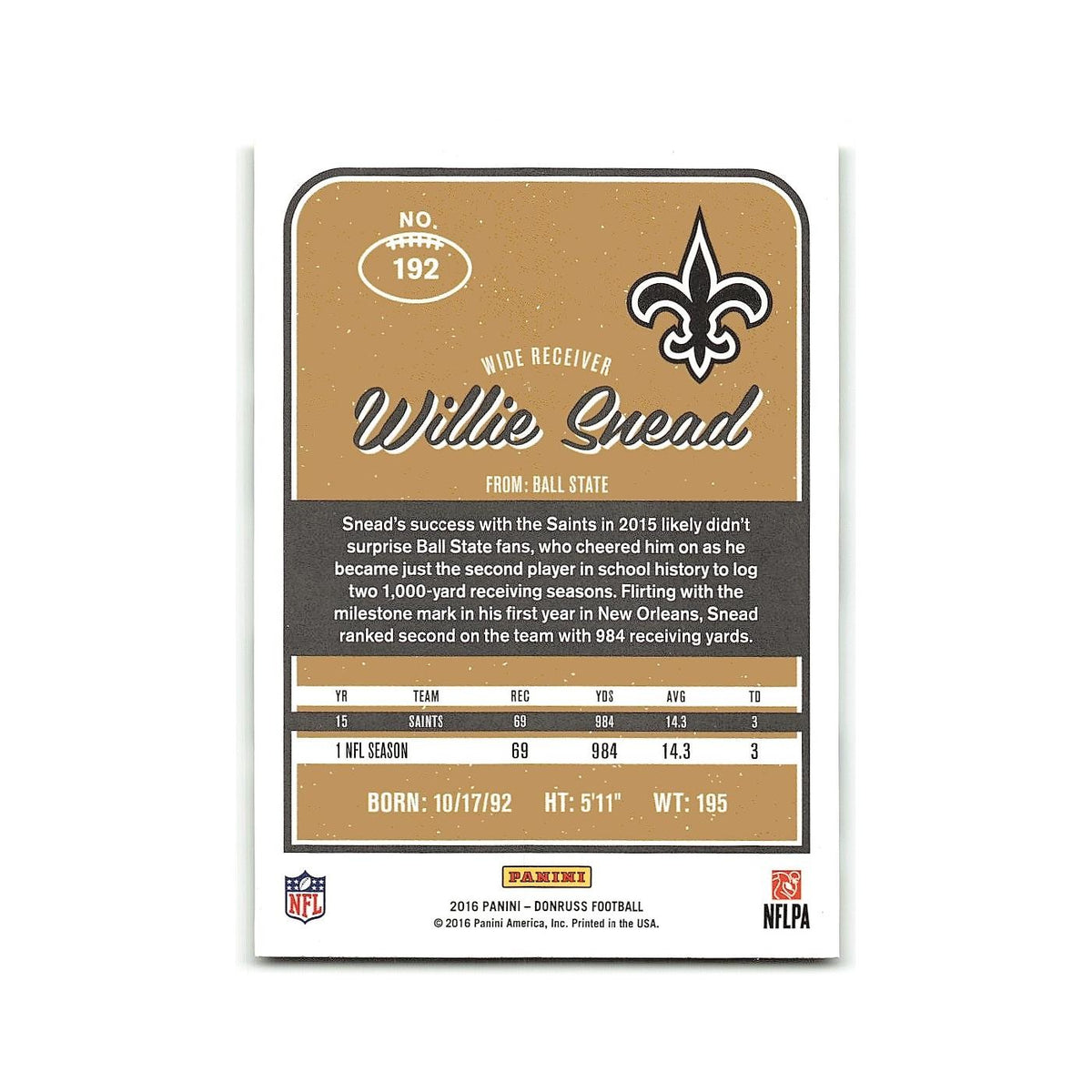 Willie Snead 2016 Donruss #192 New Orleans Saints Football Card NM