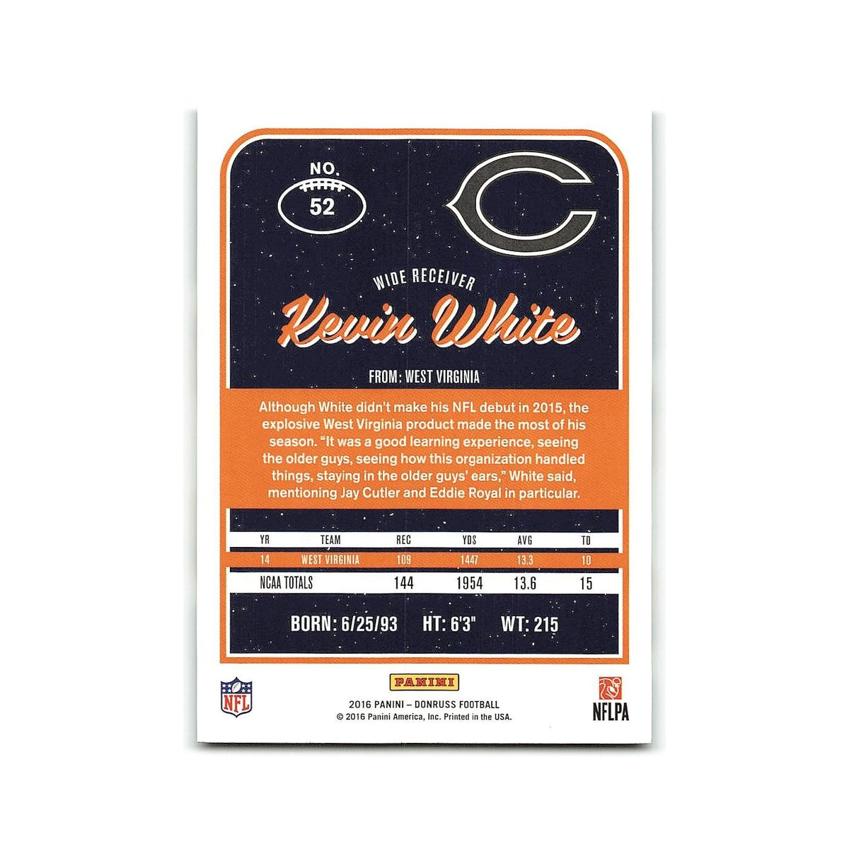 Kevin White 2016 Donruss #52 Chicago Bears Football Card NM
