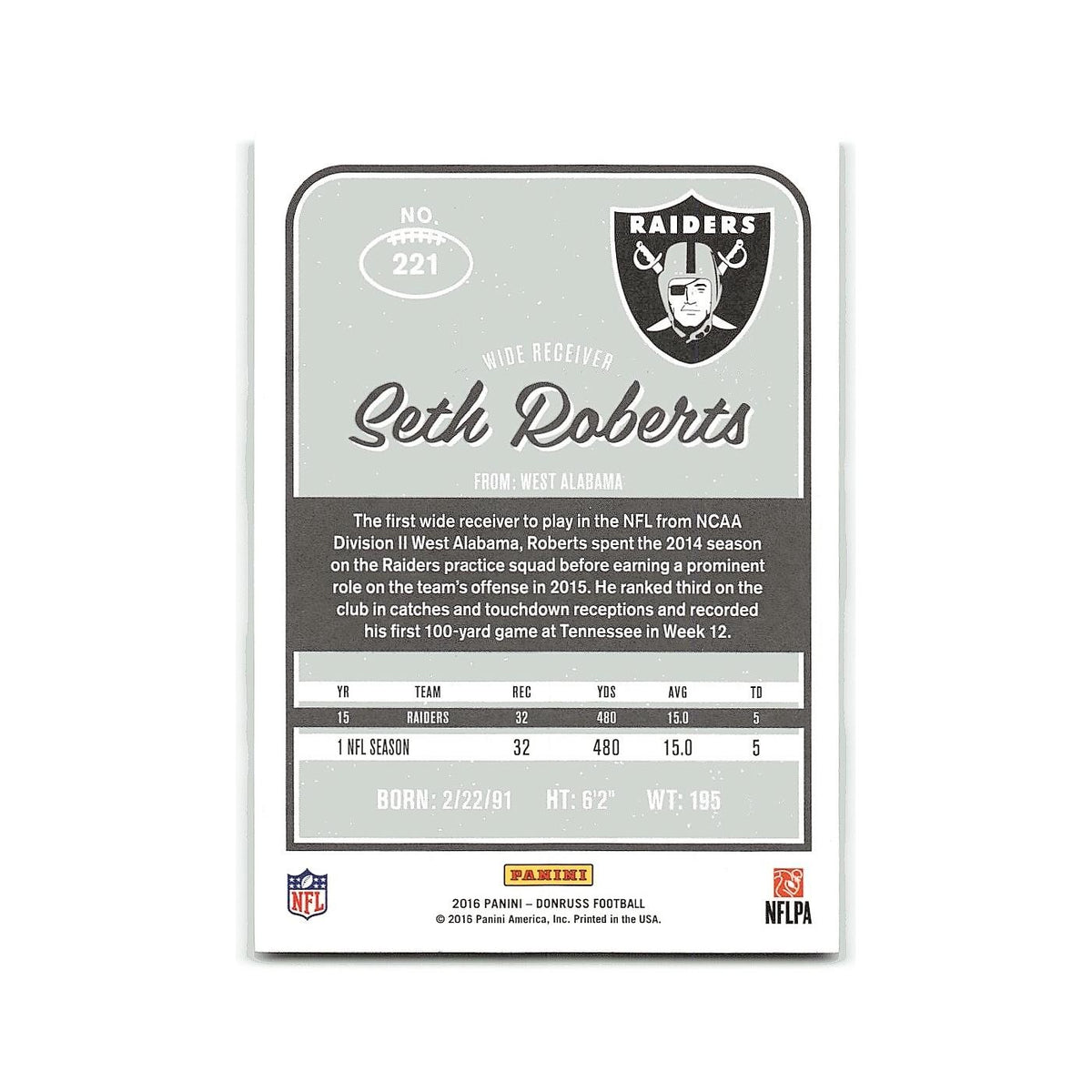 Seth Roberts 2016 Donruss #221 Oakland Raiders Football Card NM