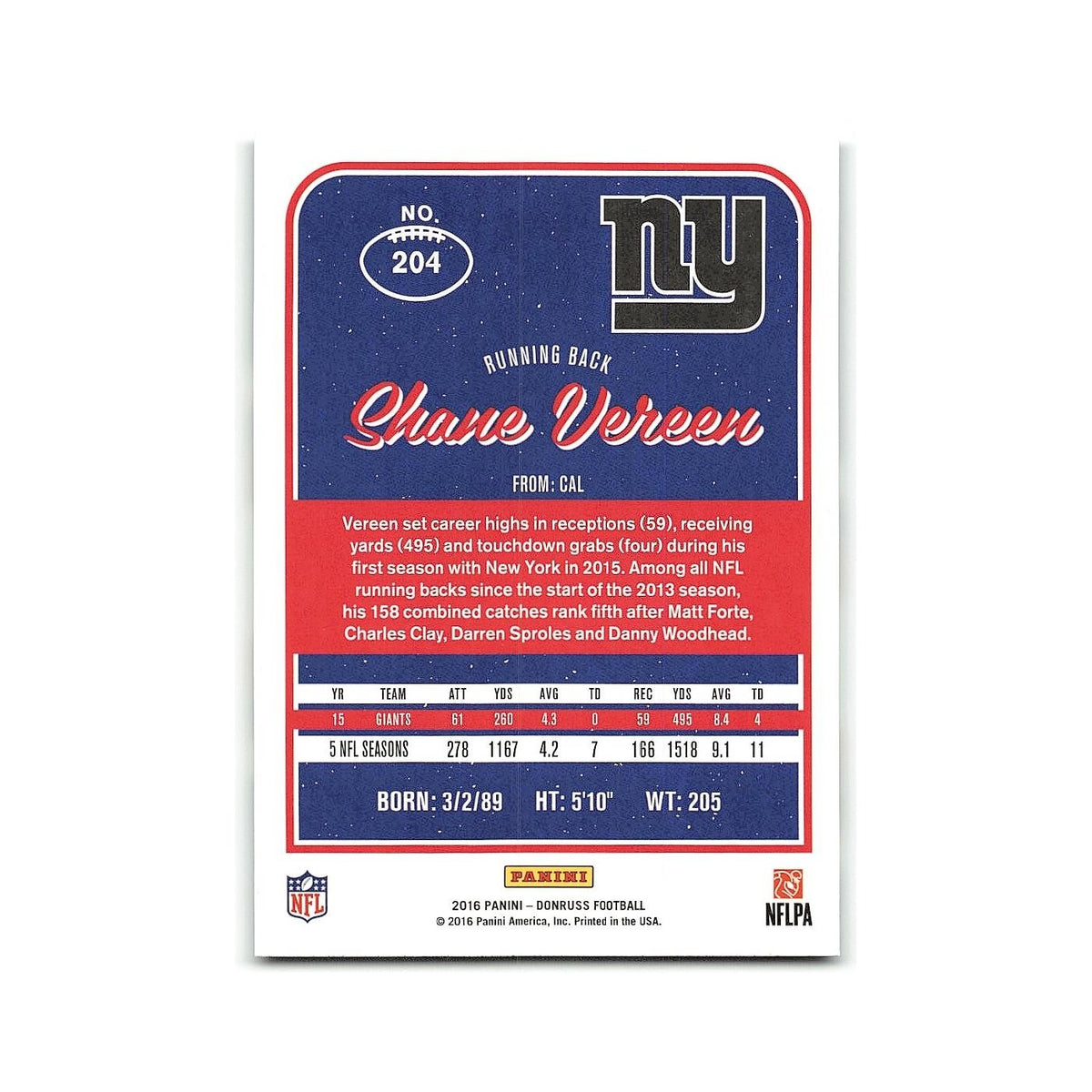Shane Vereen 2016 Donruss #204 New York Giants Football Card NM