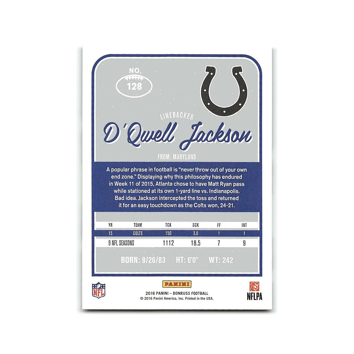 D'Qwell Jackson 2016 Donruss #128 Indianapolis Colts Football Card NM