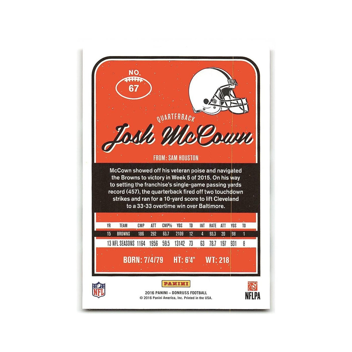 Josh McCown 2016 Donruss #67 Cleveland Browns Football Card NM