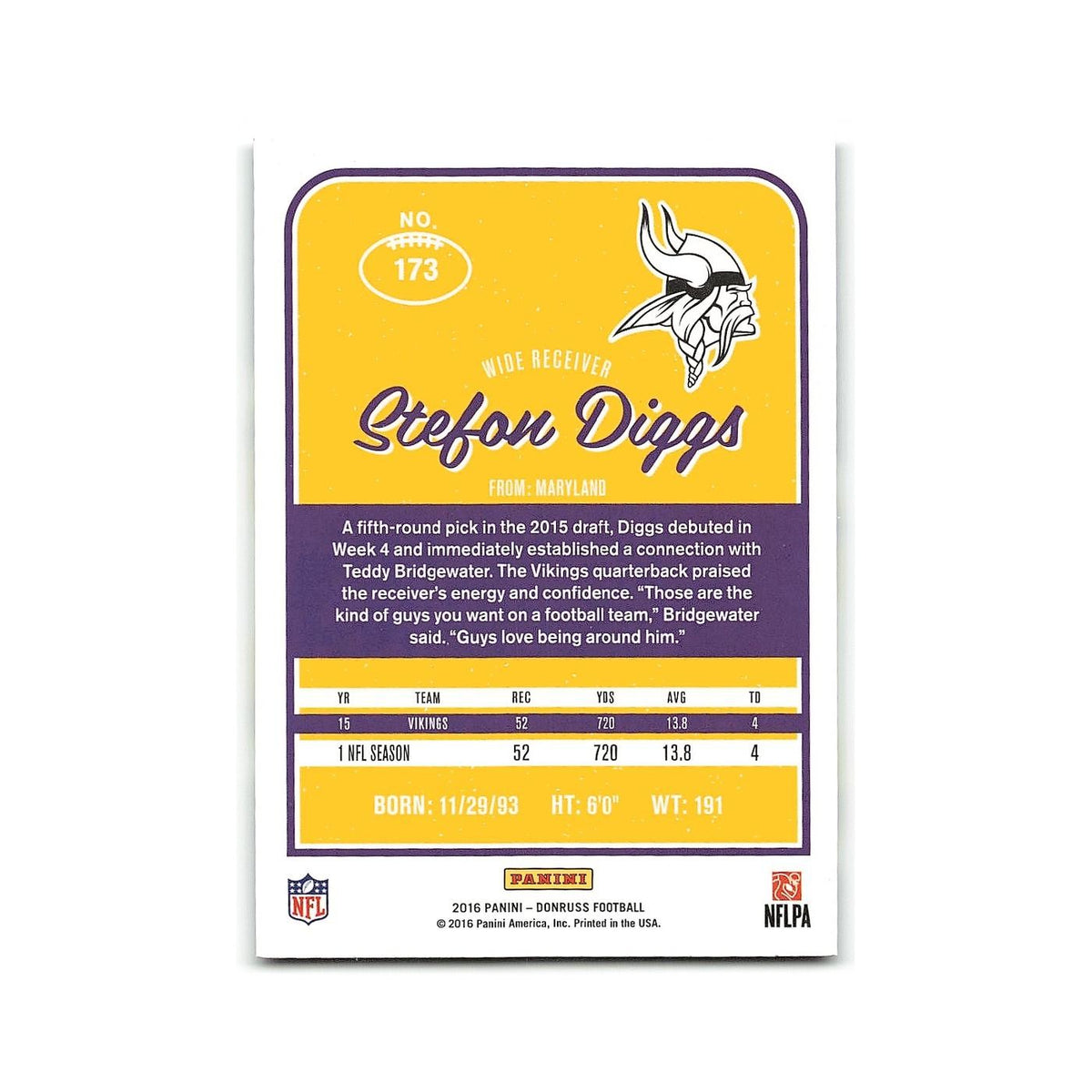 Stefon Diggs 2016 Donruss #173 Minnesota Vikings Football Card NM