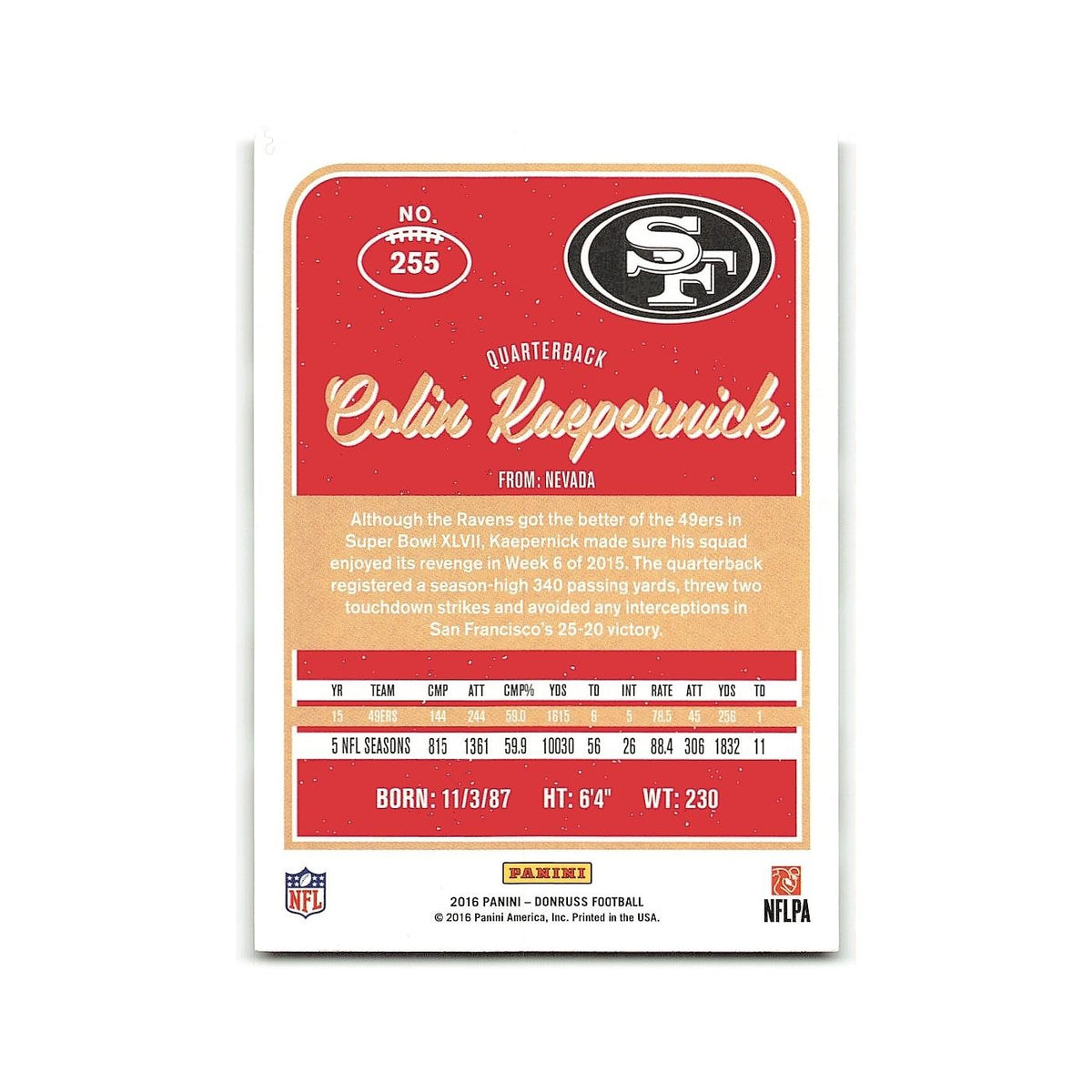 Colin Kaepernick 2016 Donruss #255 San Francisco 49ers Football Card NM