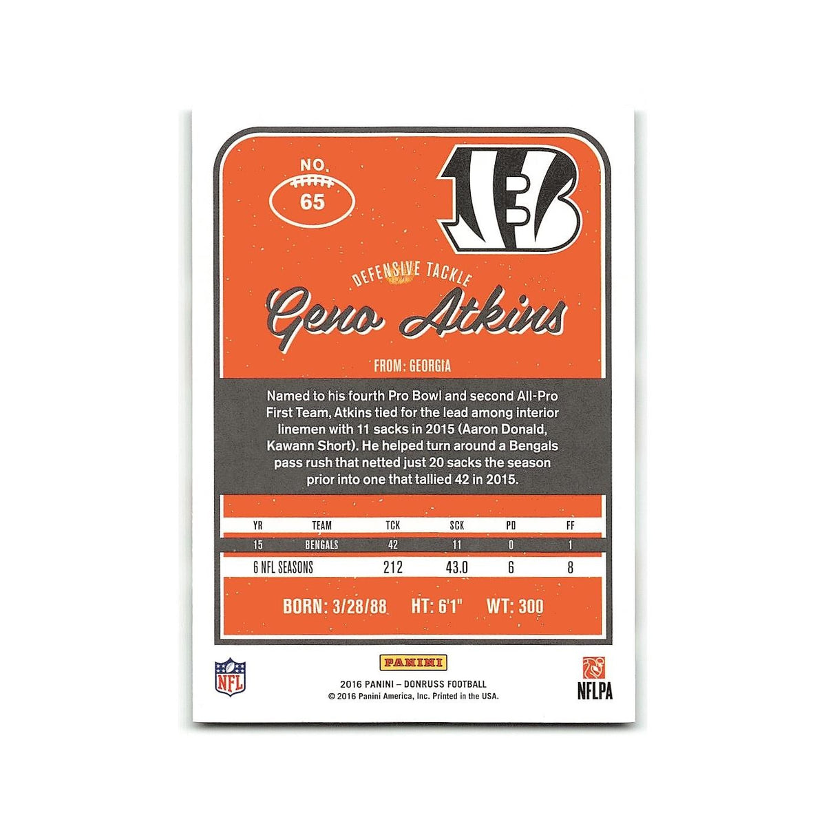 Geno Atkins 2016 Donruss #65 Cincinnati Bengals Football Card NM