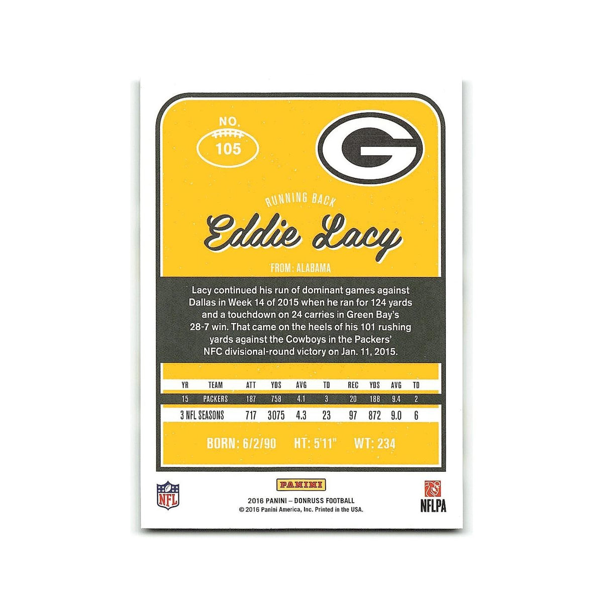 Eddie Lacy 2016 Donruss #105 Green Bay Packers Football Card NM