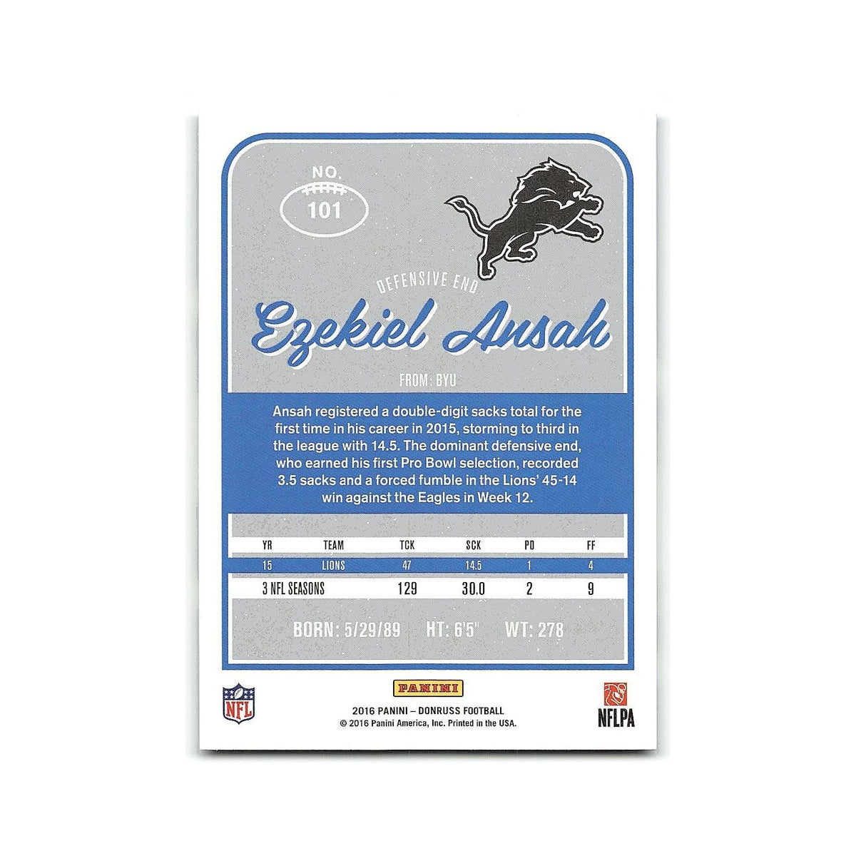 Ezekiel Ansah 2016 Donruss #101 Detroit Lions Football Card NM