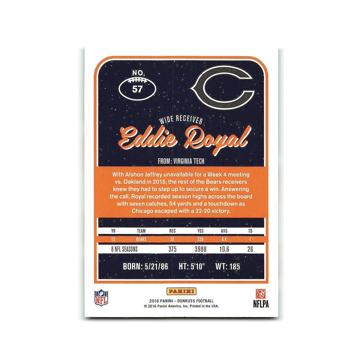 Eddie Royal 2016 Donruss #57 Chicago Bears Football Card NM