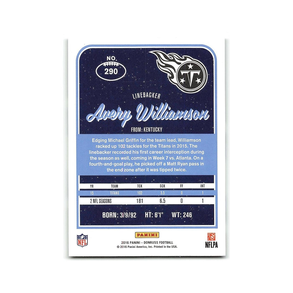 Avery Williamson 2016 Donruss #290 Tennessee Titans Football Card NM