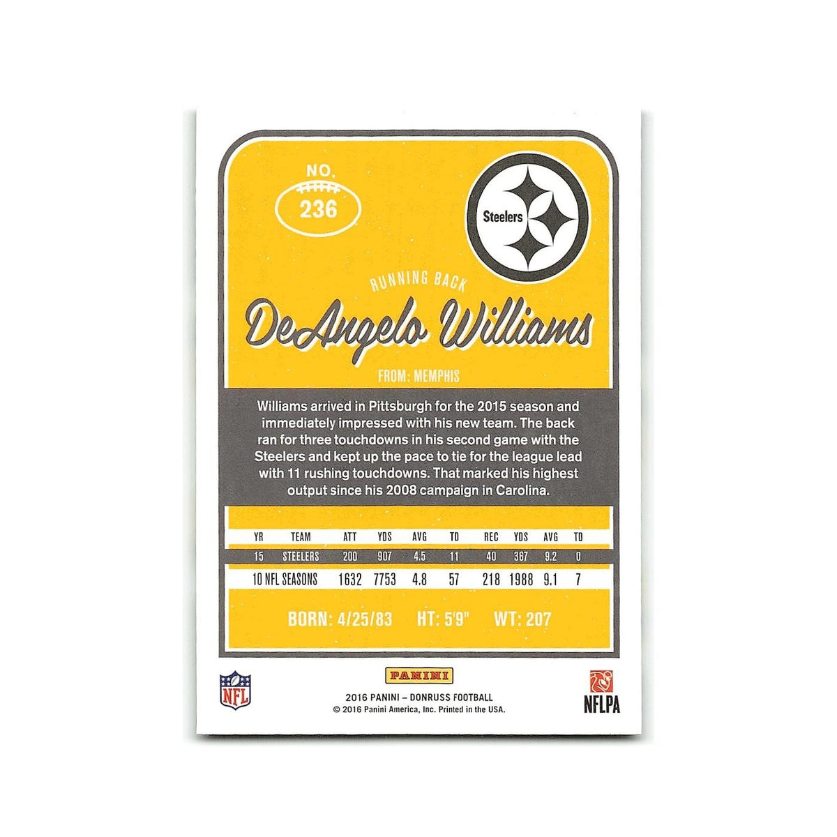 DeAngelo Williams 2016 Donruss #236 Pittsburgh Steelers Football Card NM
