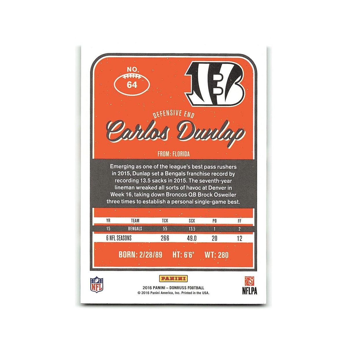 Carlos Dunlap 2016 Donruss #64 Cincinnati Bengals Football Card NM