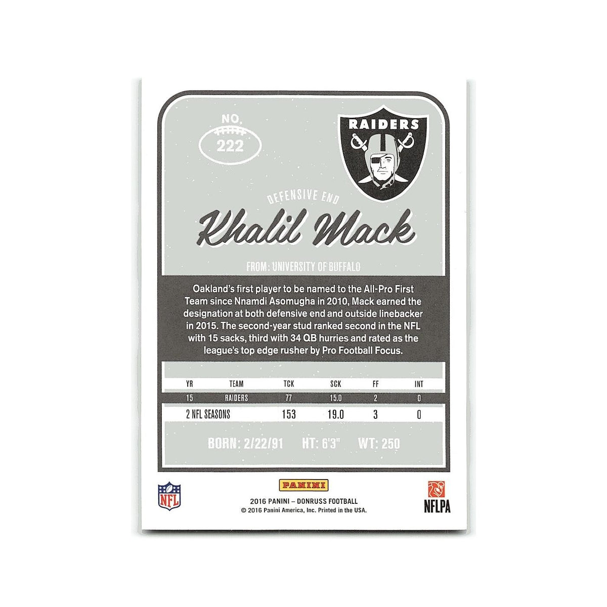 Khalil Mack 2016 Donruss #222 Oakland Raiders Football Card NM