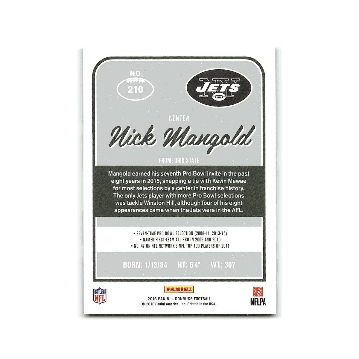 Nick Mangold 2016 Donruss #210 New York Jets Football Card NM