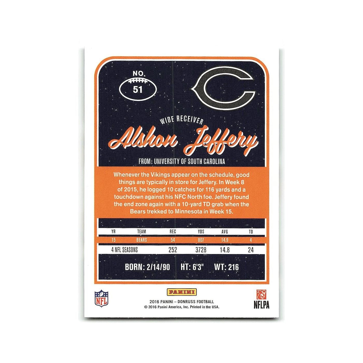 Alshon Jeffery 2016 Donruss #51 Chicago Bears Football Card NM