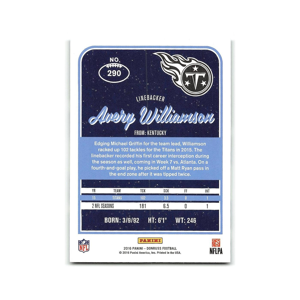 Avery Williamson 2016 Donruss #290 Tennessee Titans Football Card NM