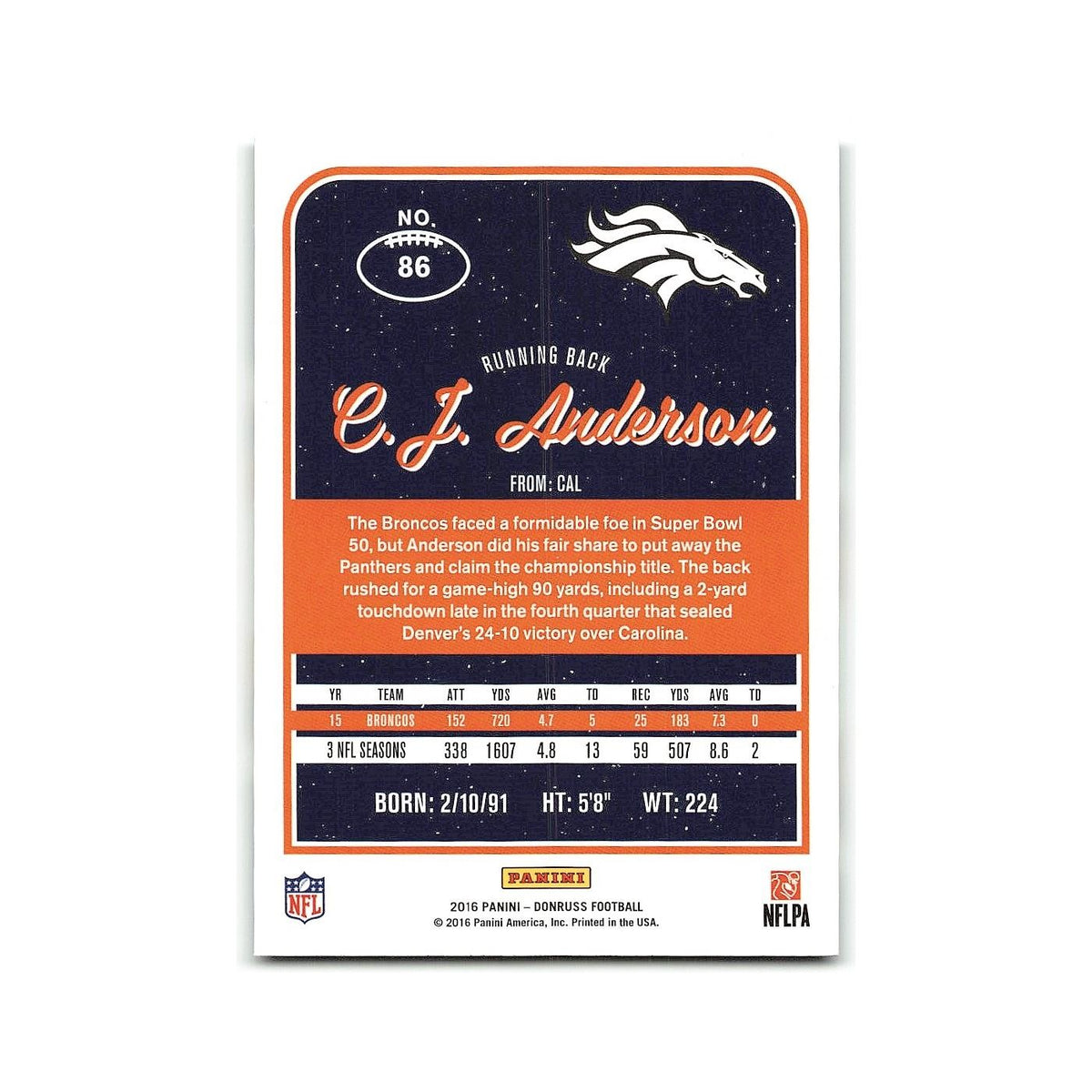 C.J. Anderson 2016 Donruss #86 Denver Broncos Football Card NM