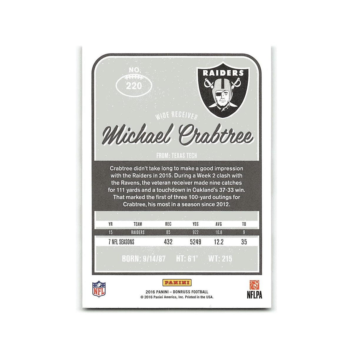 Michael Crabtree 2016 Donruss #220 Oakland Raiders Football Card NM