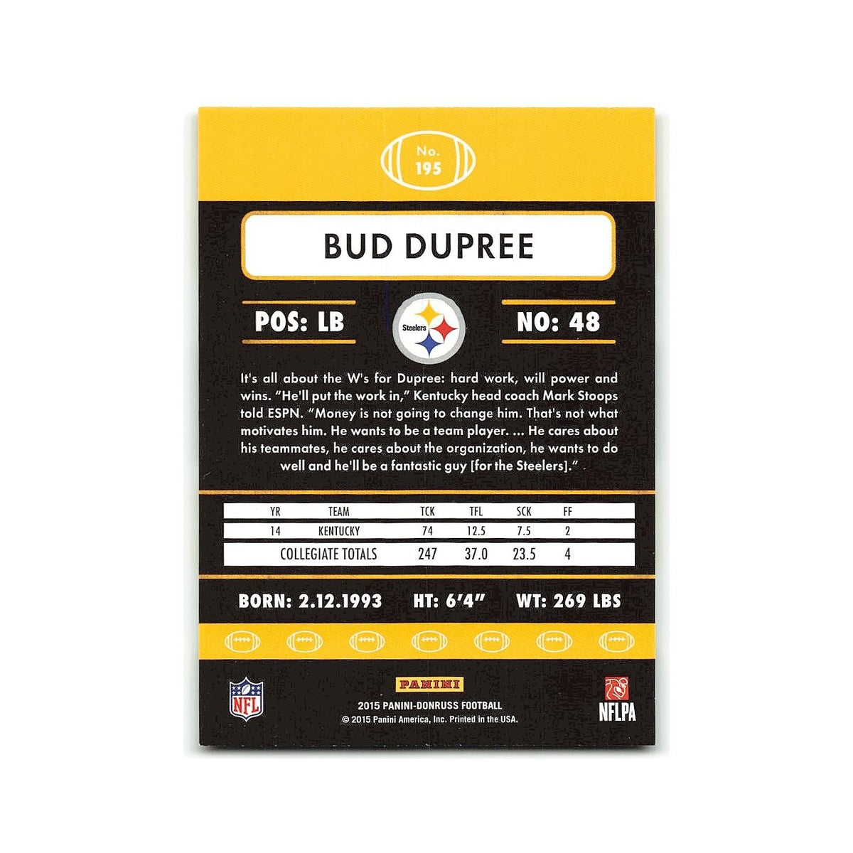 Bud Dupree Rookie 2015 Donruss #195 Pittsburgh Steelers Football Card NM