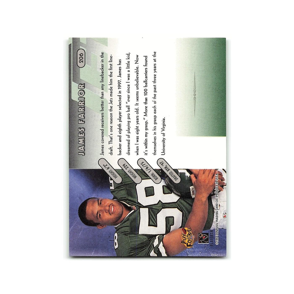 James Farrior Rookie 1997 Donruss #206 New York Jets Football Card NM