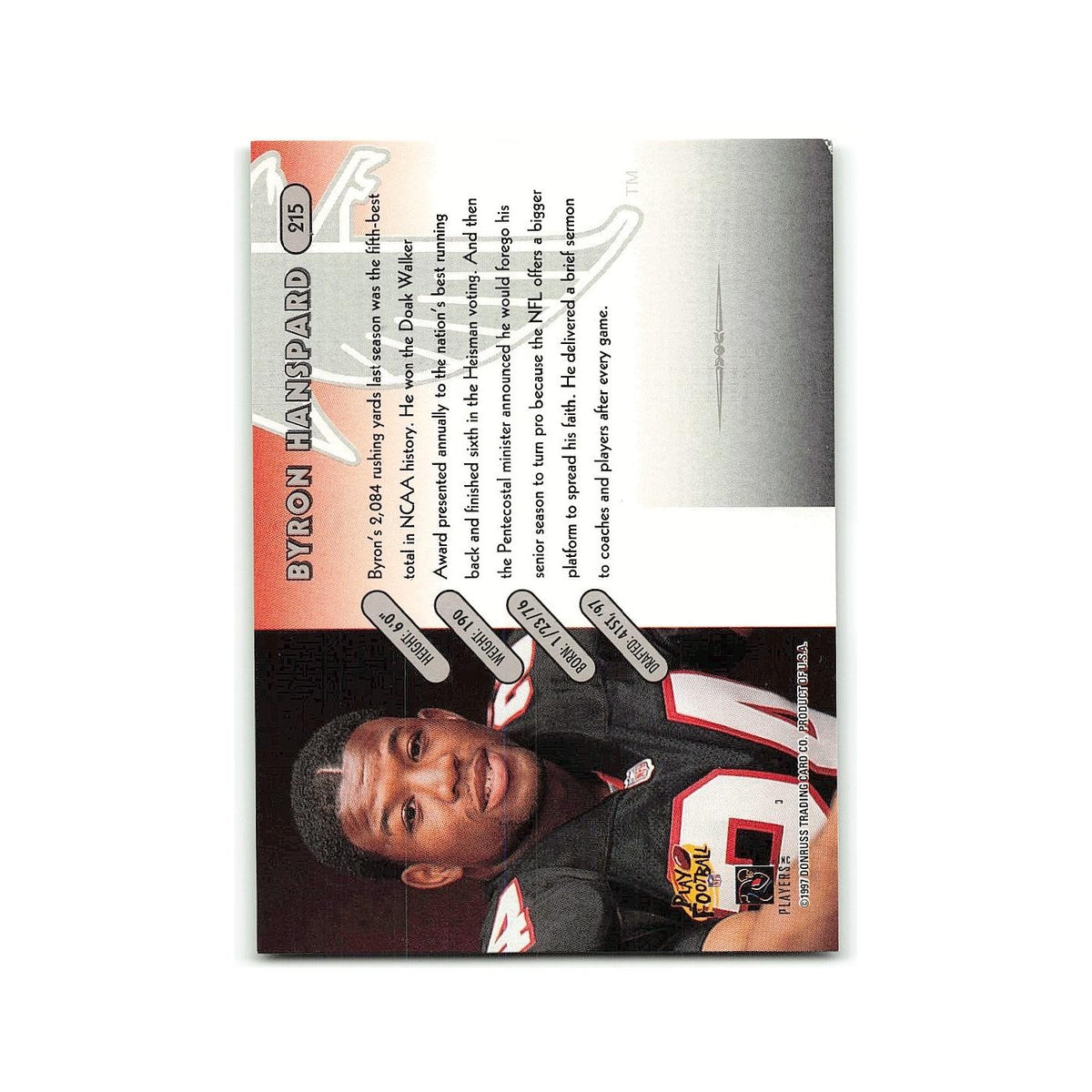 Byron Hanspard Rookie 1997 Donruss #215 Atlanta Falcons Football Card NM