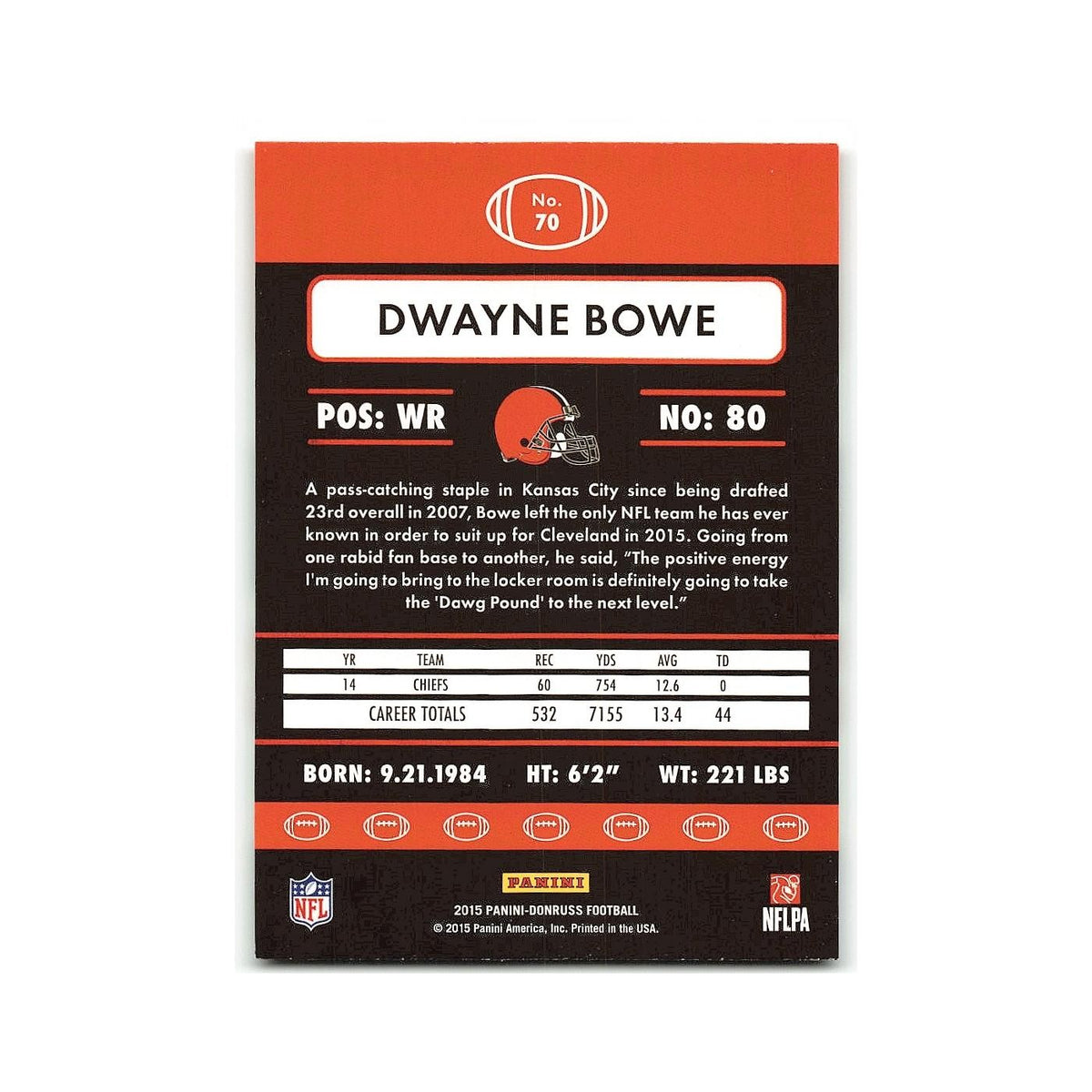 Dwayne Bowe 2015 Donruss #70 Cleveland Browns Football Card NM