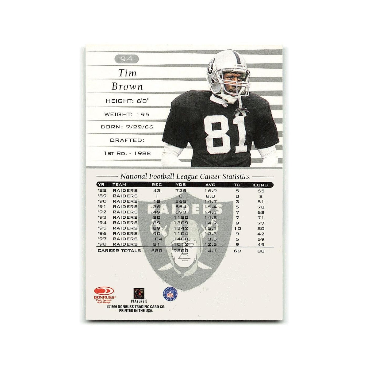 Tim Brown 1999 Donruss #94 Oakland Raiders Football Card NM