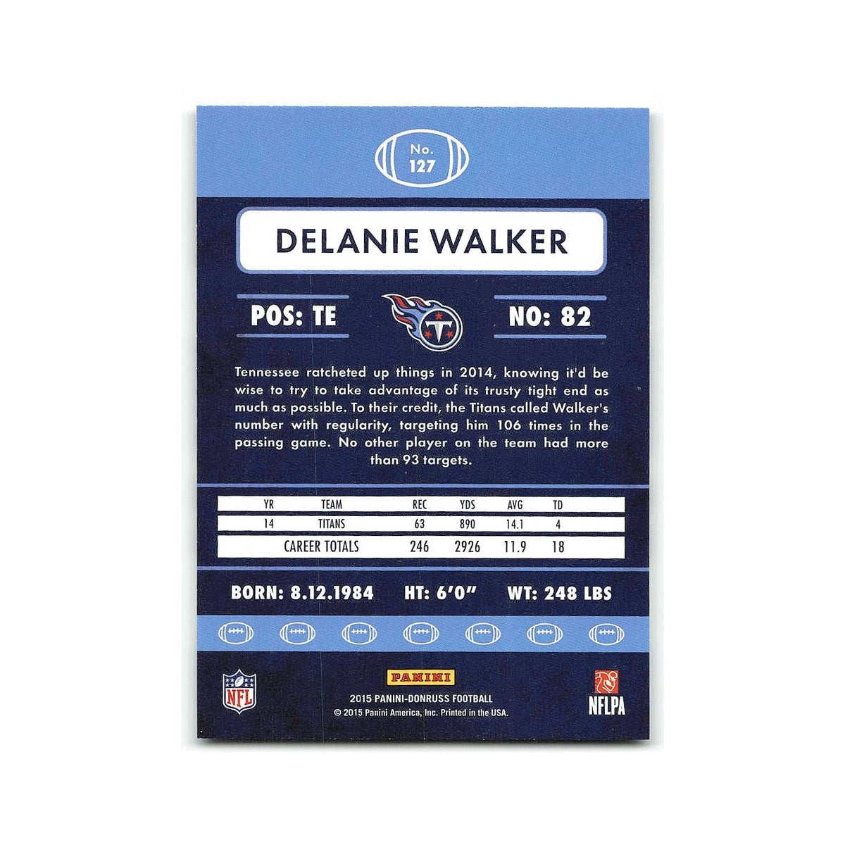 Delanie Walker 2015 Donruss #127 Tennessee Titans Football Card NM