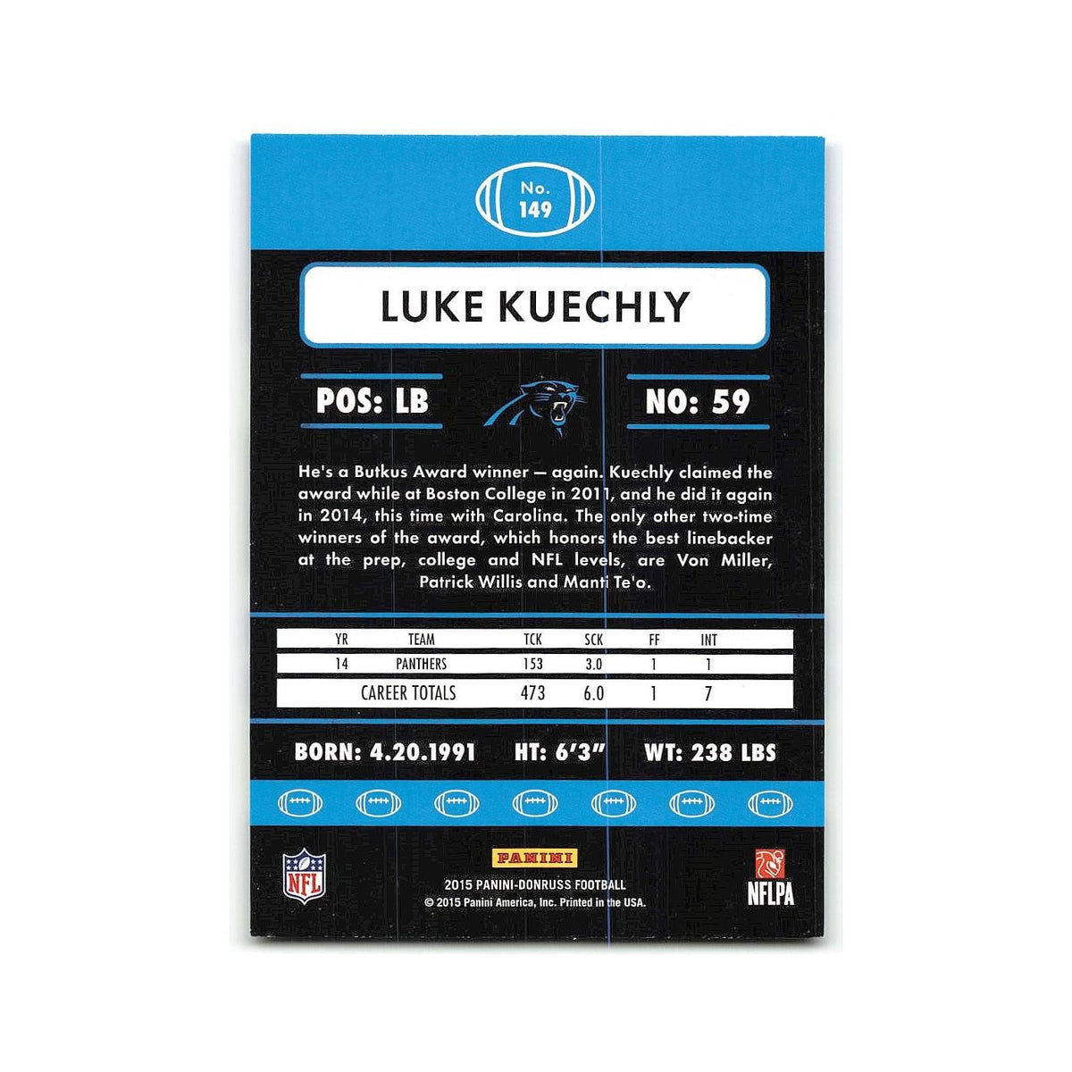Luke Kuechly 2015 Donruss #149 Carolina Panthers Football Card NM