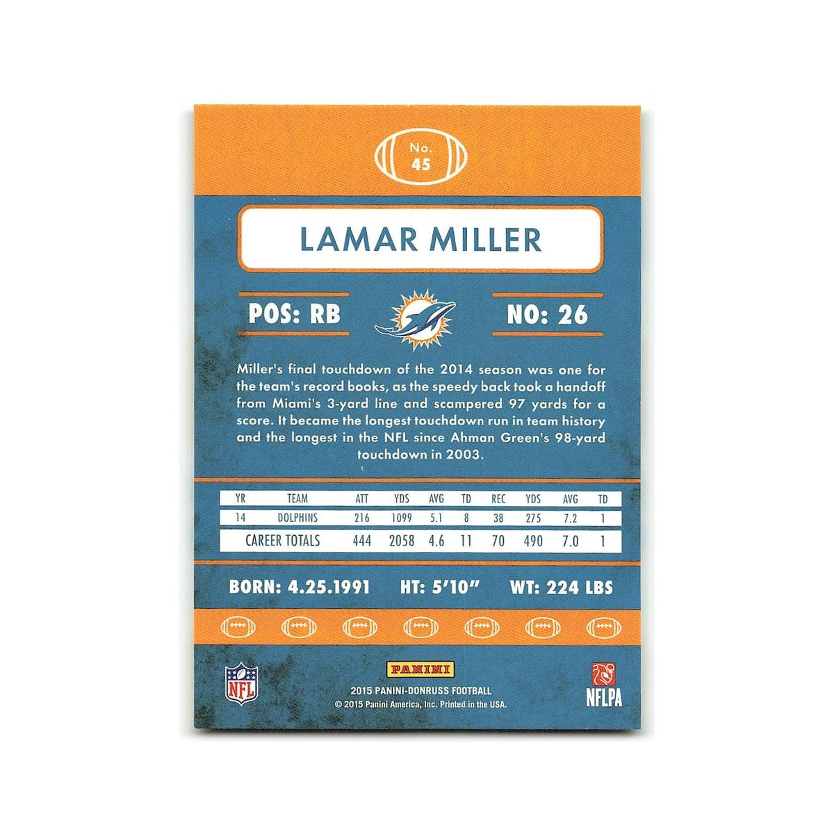 Lamar Miller 2015 Donruss #45 Miami Dolphins Football Card NM