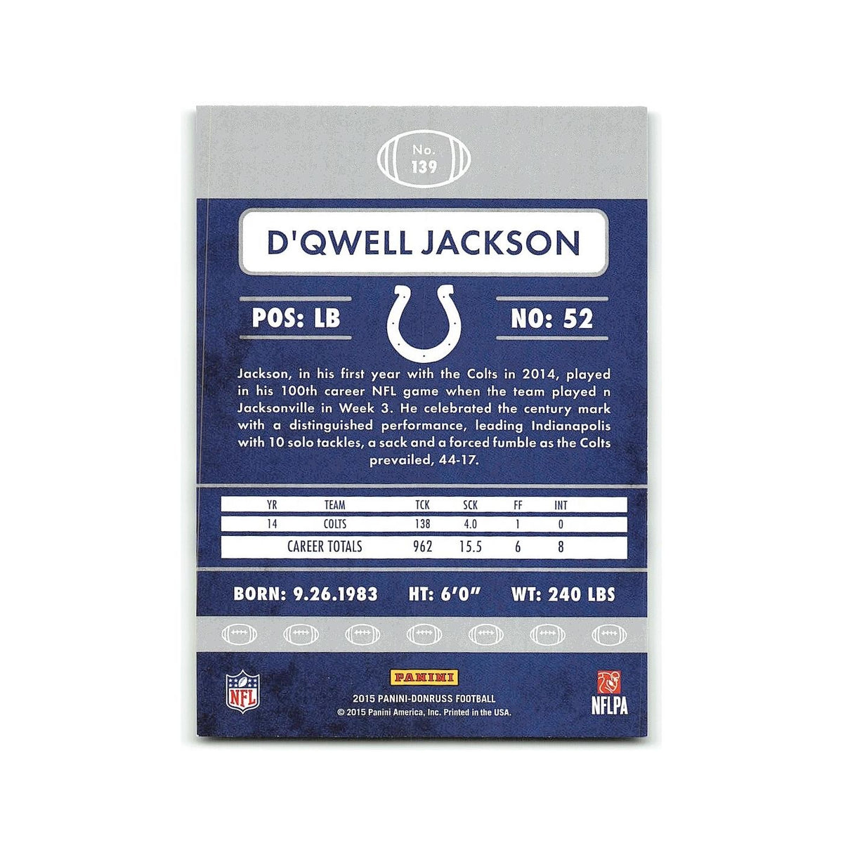 D'Qwell Jackson 2015 Donruss #139 Indianapolis Colts Football Card NM