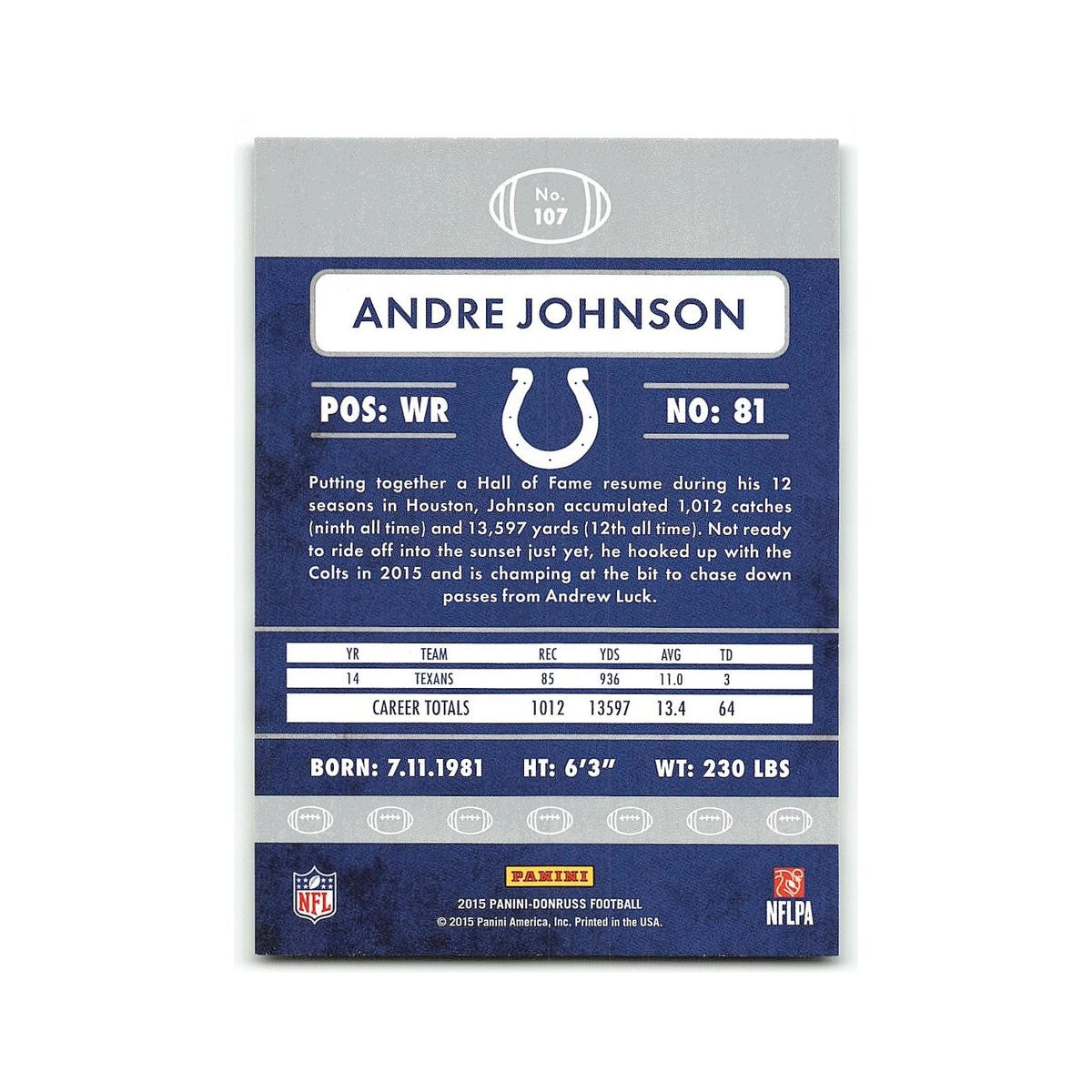 Andre Johnson 2015 Donruss #107 Indianapolis Colts Football Card NM