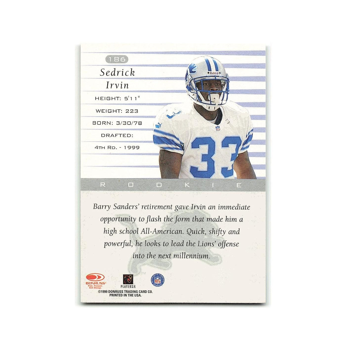 Sedrick Irvin Rookie 1999 Donruss #186 Detroit Lions Football Card NM