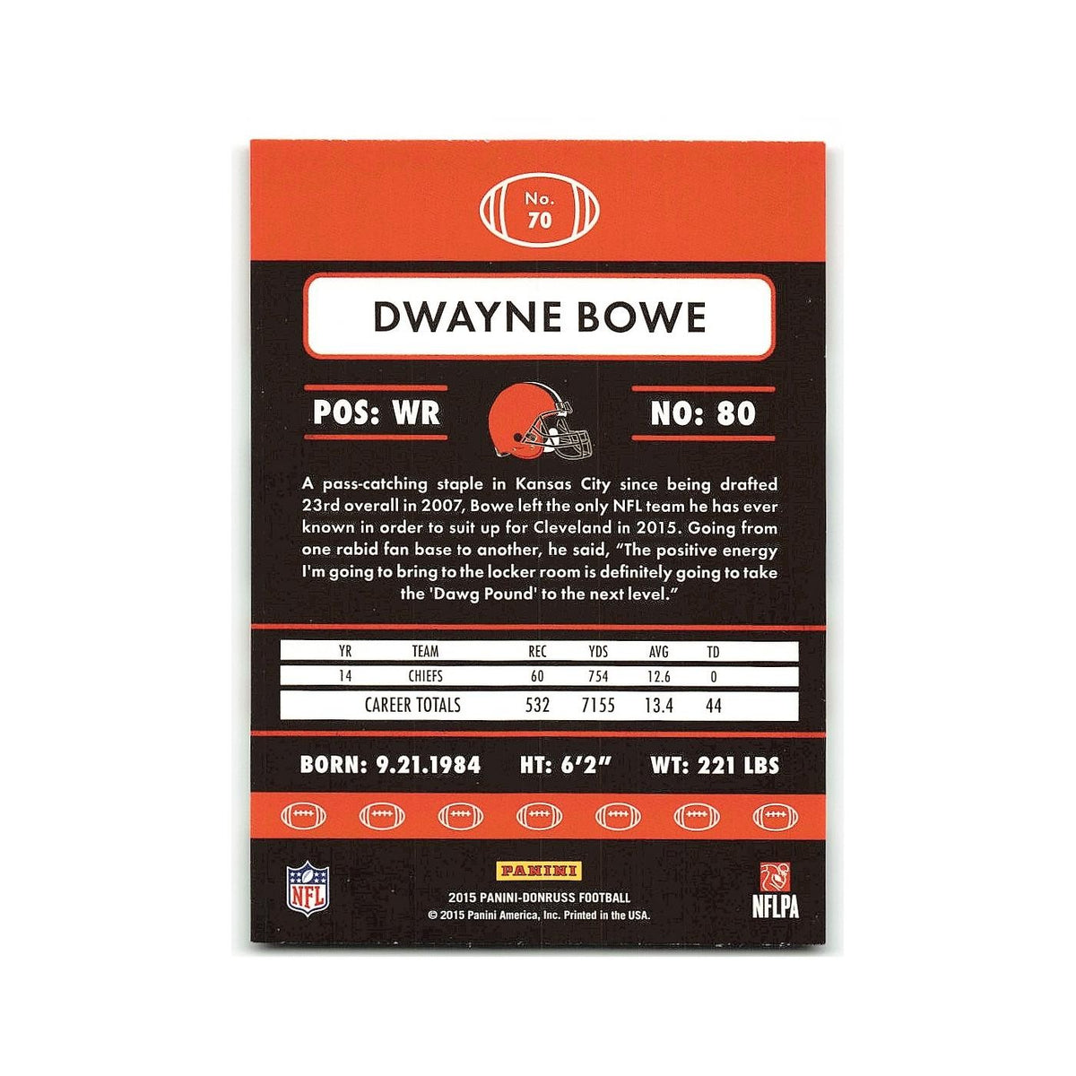 Dwayne Bowe 2015 Donruss #70 Cleveland Browns Football Card NM