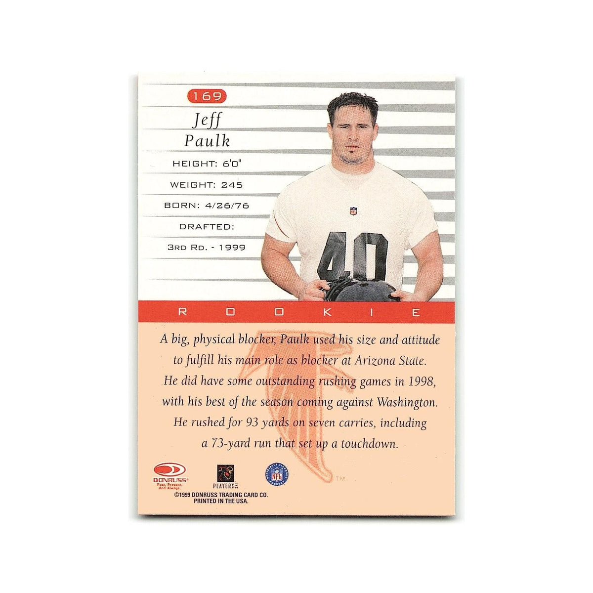 Jeff Paulk Rookie 1999 Donruss #169 Atlanta Falcons Football Card NM