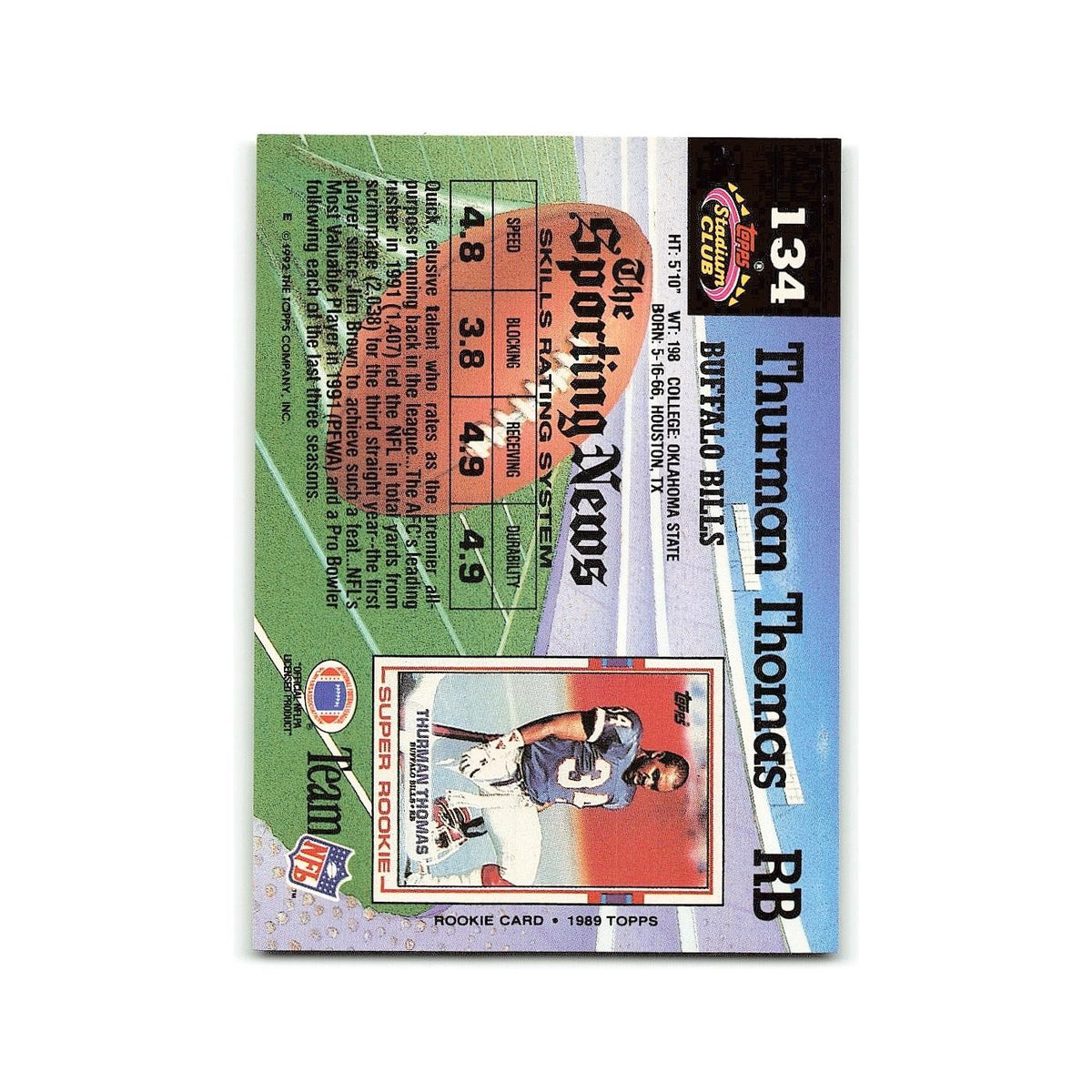 Thurman Thomas 1992 Stadium Club #134 Buffalo Bills Football Card NM