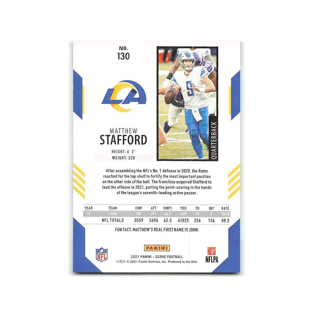 Matthew Stafford 2021 Score #130 Los Angeles Rams Football Card NM
