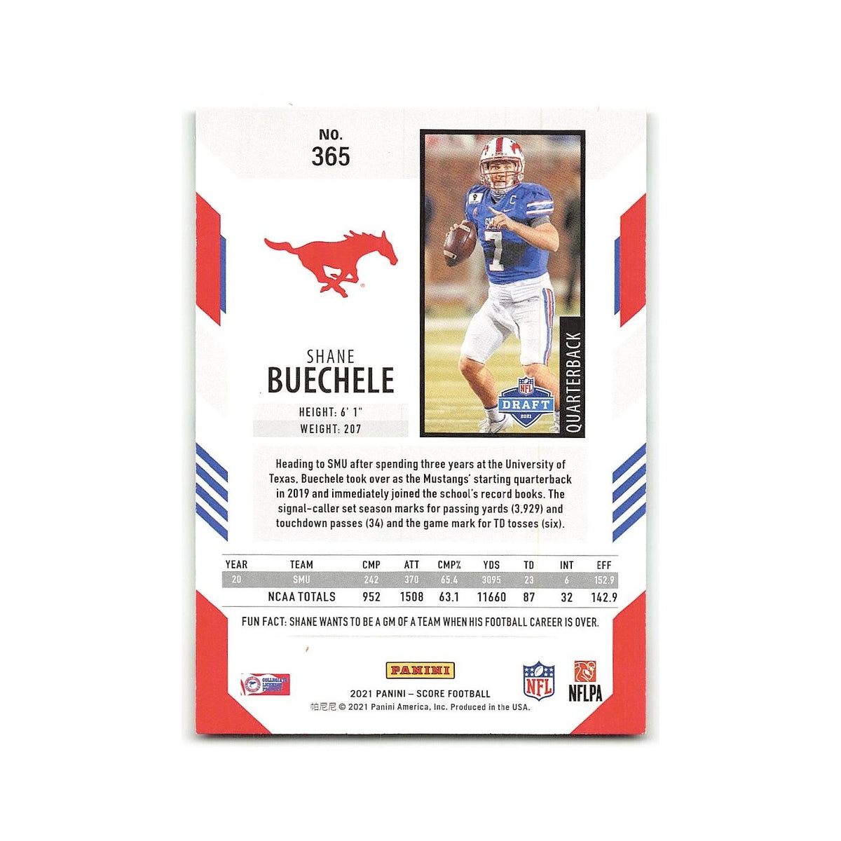 Shane Buechele Rookie 2021 Score #365 SMU Mustangs Football Card NM