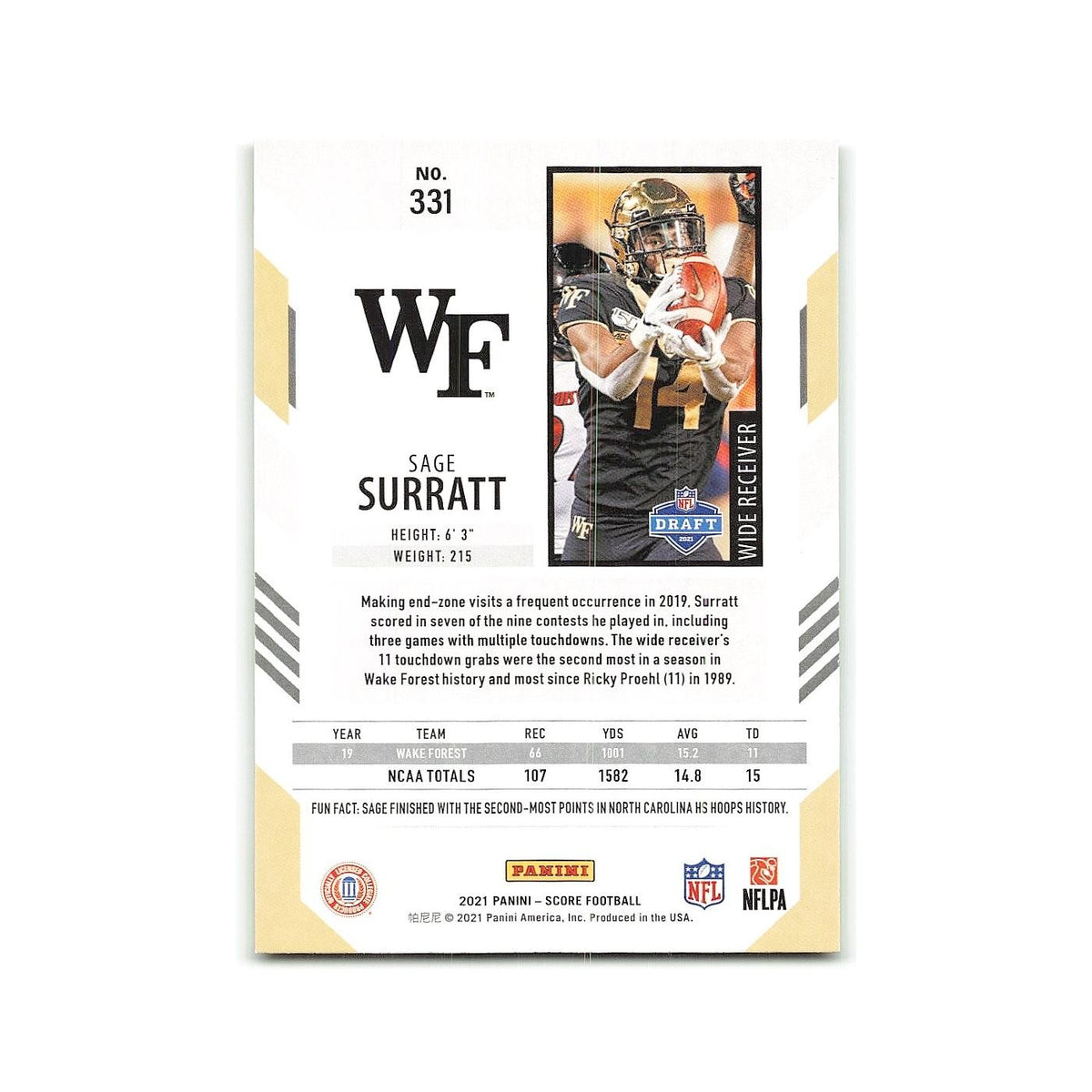 Sage Surratt Rookie 2021 Score #331 Wake Forest Demon Deacons Football Card NM